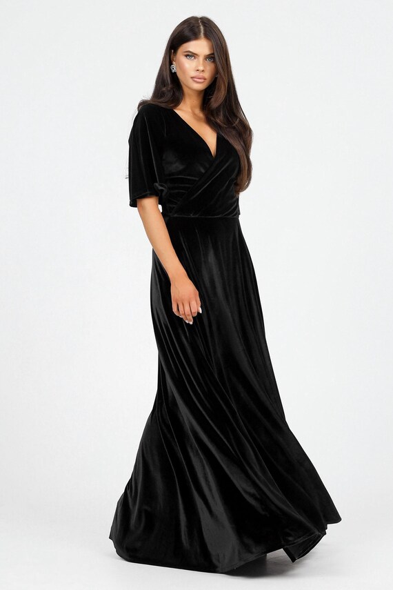 Black Velvet Evening Gown, Wrap Neck Flare Sleeve A-Line Dress, Wedding Guest Dress Black Velvet Evening Gown, Wrap Neck Flare Sleeve A-Line Dress, Wedding Guest Dress