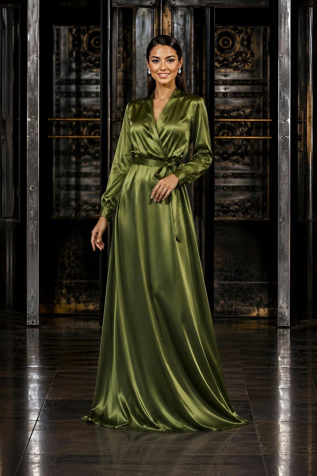 formal satin dress with sleeves Olive Green Long Sleeve Maxi Dress, Lapel Neck A-Line Dress, Elegant Evening a-line-mother-of-the-bride-dresses