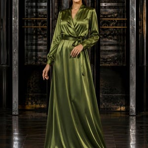 crepe olive green long sleeve dress reviews Melissa | Olive Long-Sleeve Wrap Maxi Dress With Draped Detailing