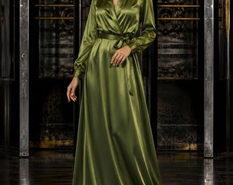 Olivgrün Satin Langarm Maxi Kleid, Revers Hals A-Linie formelle Kleidung, elegantes Abendkleid