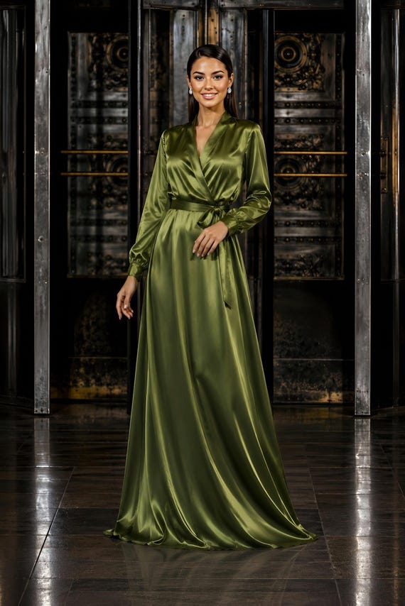 formal dress olive green BABARONI Acetate Satin Bridesmaid Dresses One Shoulder Floor-length Spaghetti Straps Pleated Sheath, Olive Green / US0 Acetate Satin Hemline A-Line Puff Sleeves Olive Green