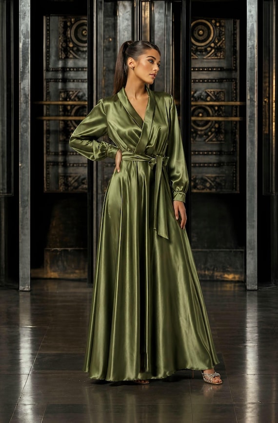 olive green formal.dress Satin Long Sleeve Maxi Dress, Lapel Neck A-Line Formal Dress, Elegant Evening Dress custom1tay