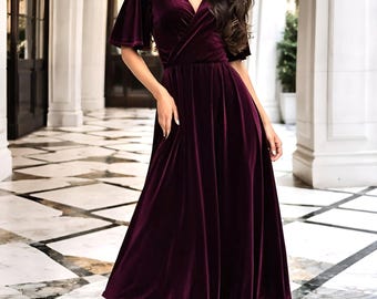 Purple Velvet V-Neck Midi Dress, Flutter Sleeve Formal Dress, Wedding Guest Dress, Elegant A-Line Dress, Velvet Bridesmaid Dress