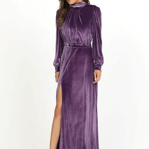 Velvet Violet Long bishop Dress, Slit balloon sleeve, high neck dress