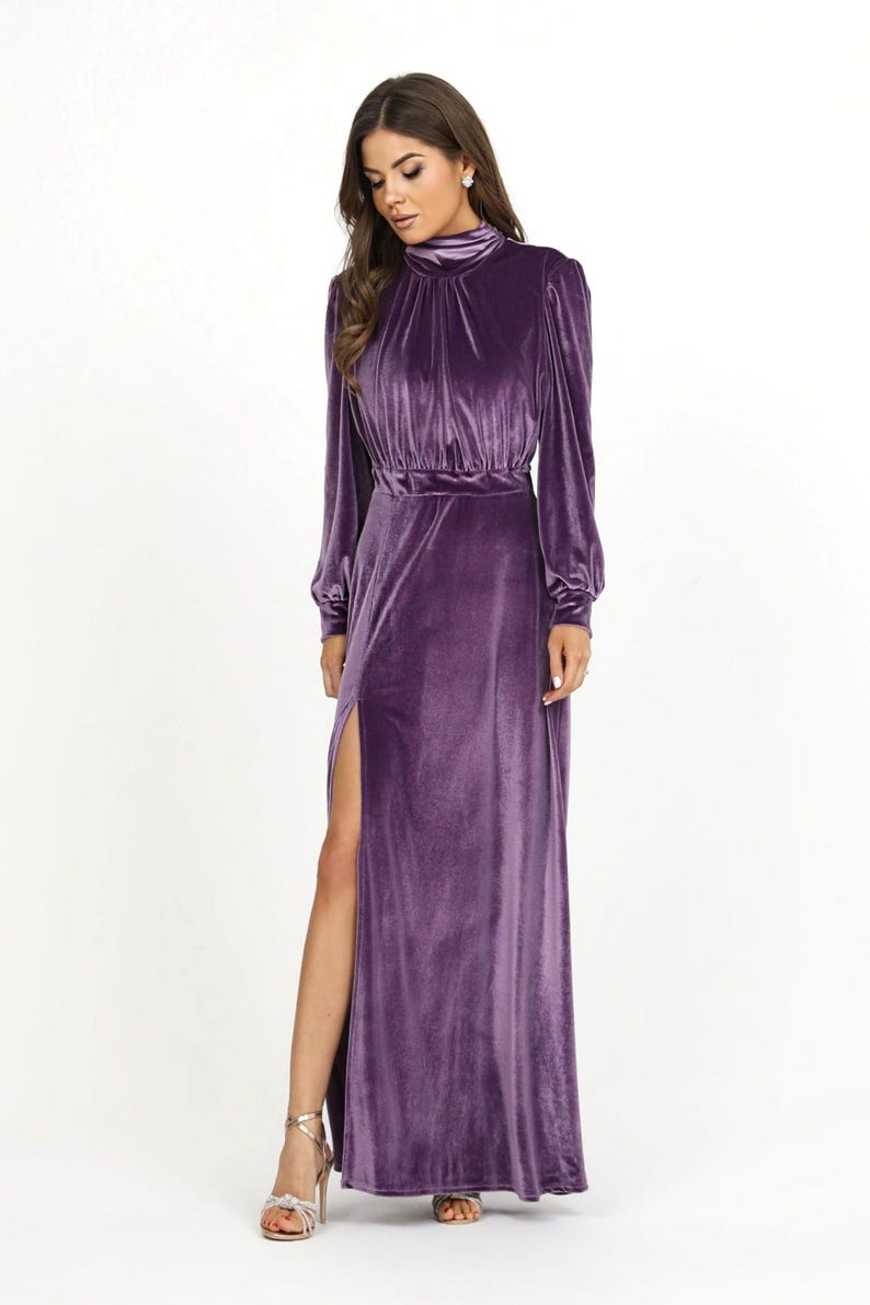 Velvet Violet Long bishop Dress, Slit balloon sleeve, high neck dress