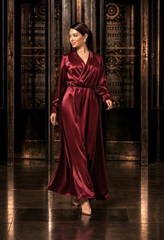 burgundy satin long sleeve wrap dress Dress, V-neck Formal Dress, Bishop Sleeve Evening Gown, Elegant Bridesmaid Color:Custom Color(leave us a message) Invest in considered elegance Rear-view of fashionable woman, fit & flare