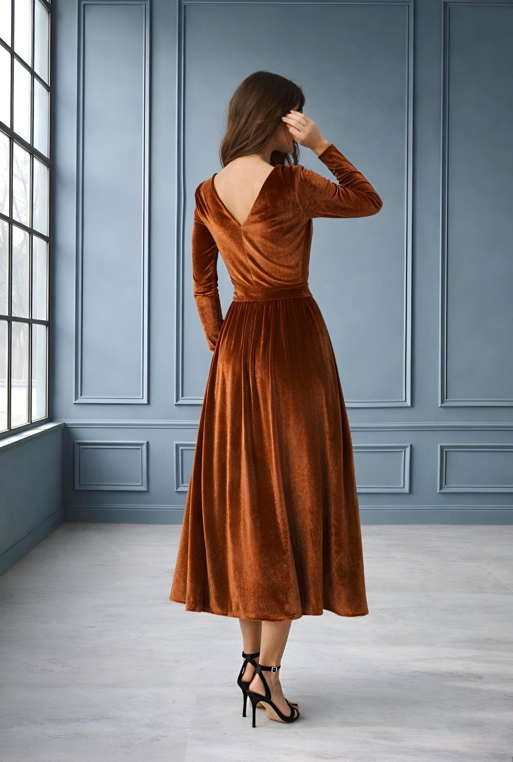brown velvet cocktail dress Brown Velvet Asymmetric Cocktail Dress | Gathered Waist