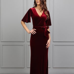 Burgundy Velvet Maxi Dress, Elegant Wrap Neck Bridesmaid Gown