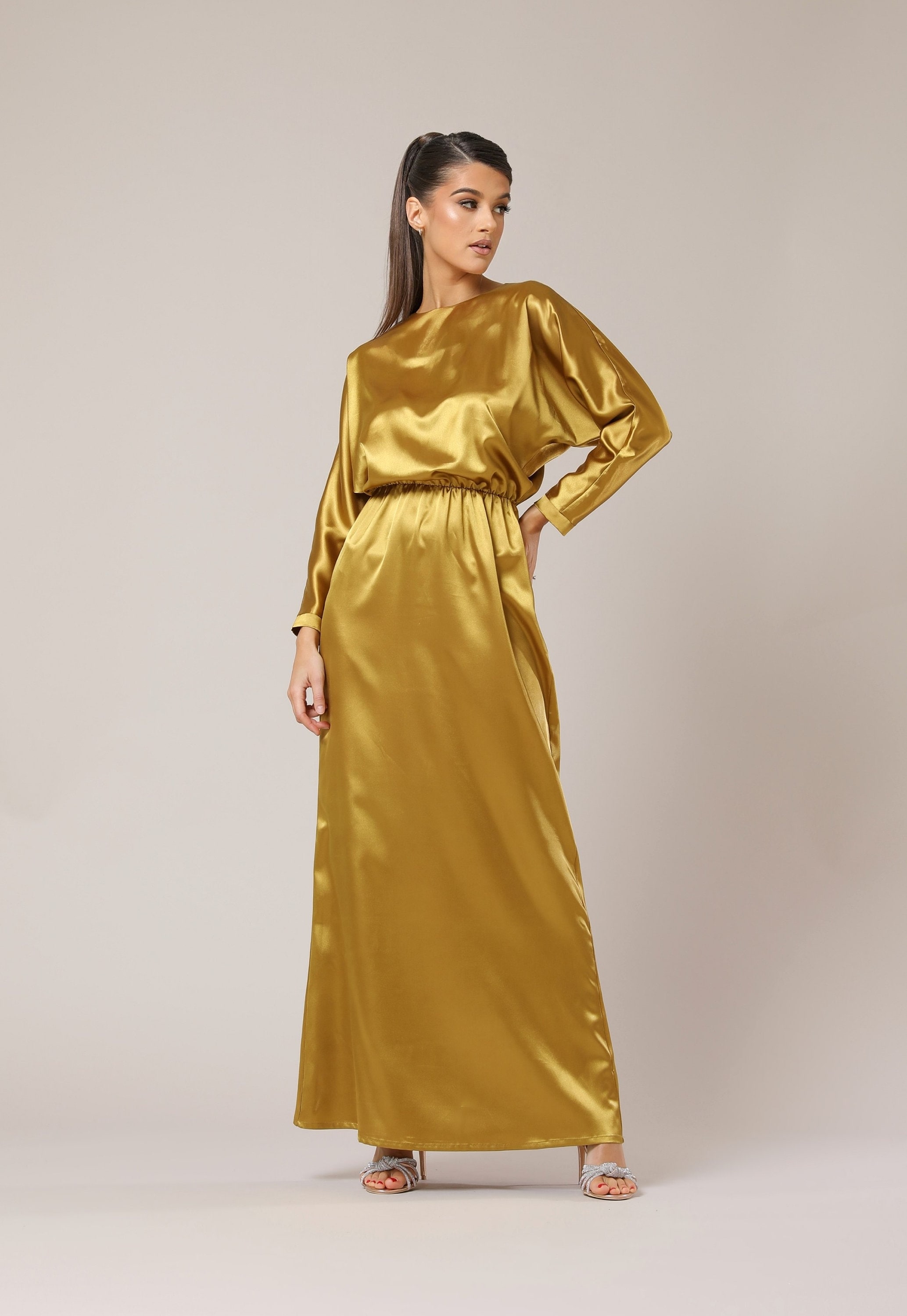 red dress gold buttons Hivera Twist-Back Boat-Neck Maxi Dress in Champagne main image 0