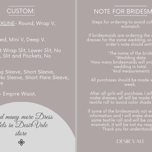 "NOTE FOR BRIDESMAIDS:"  The text lists different options for customizing a dress, such as neckline, back style, skirt style, sleeve style, and maternity options.