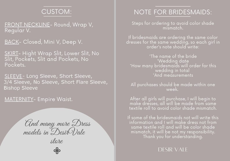 "NOTE FOR BRIDESMAIDS:"  The text lists different options for customizing a dress, such as neckline, back style, skirt style, sleeve style, and maternity options.