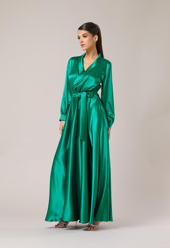 Green Satin A-line Dress, Elegant Long Sleeve Party Gown - Etsy Israel
