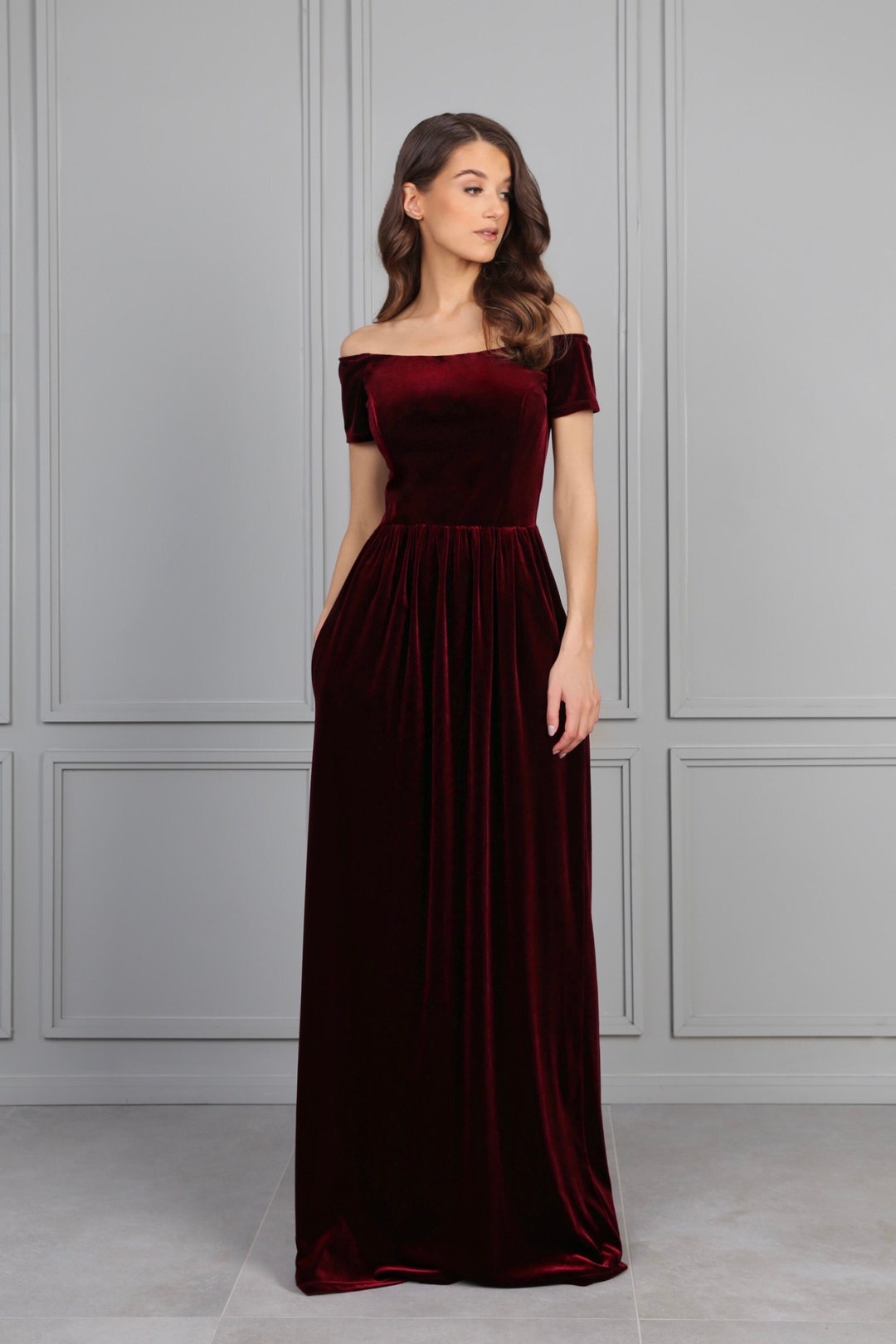 Off the Shoulder Burgundy Bridesmaid Velvet Dress Pockets Mini - Etsy