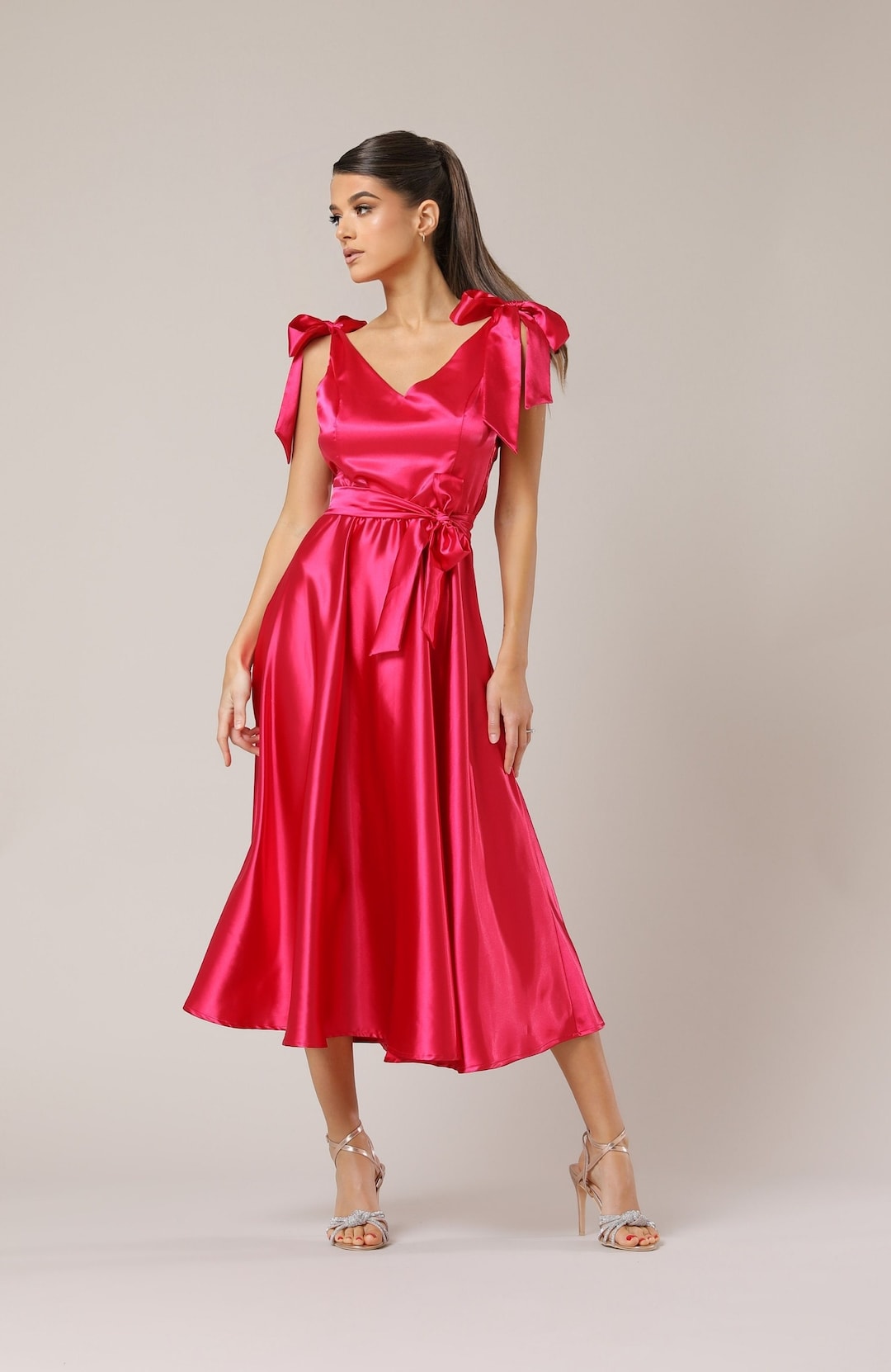 Midi Satin Dress, Bridesmaid Dress, Party Dress, Tie Shoulder Low Back Satin Dress Summer Party ...