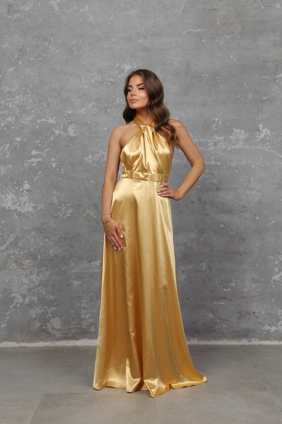 Satin Maxi Dress Gold Satin Bridesmaids Dress, Tie Neck Summer Dress - Etsy
