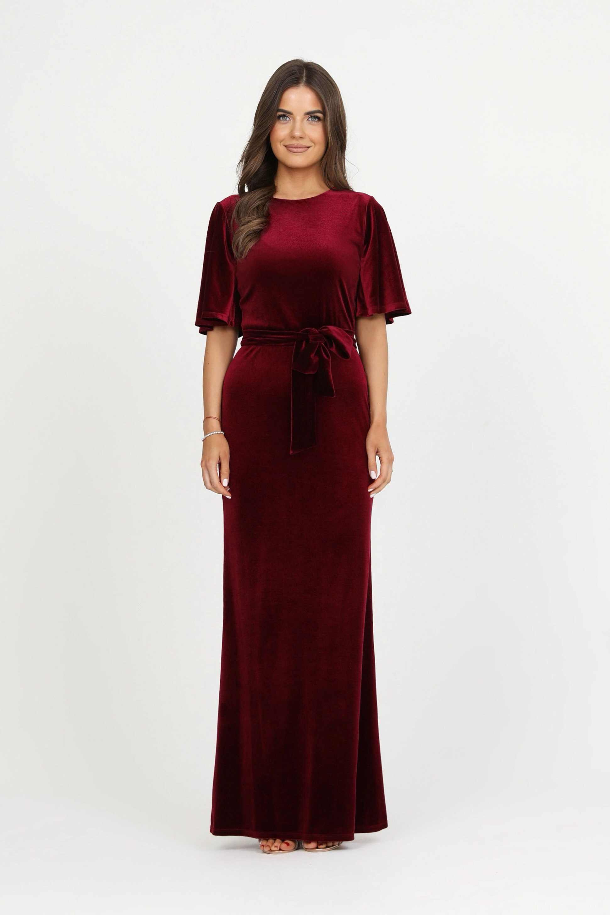princess polly baby blue dress Burgundy Velvet Bridesmaid Dress, Elegant Flare Sleeve Evening Gown