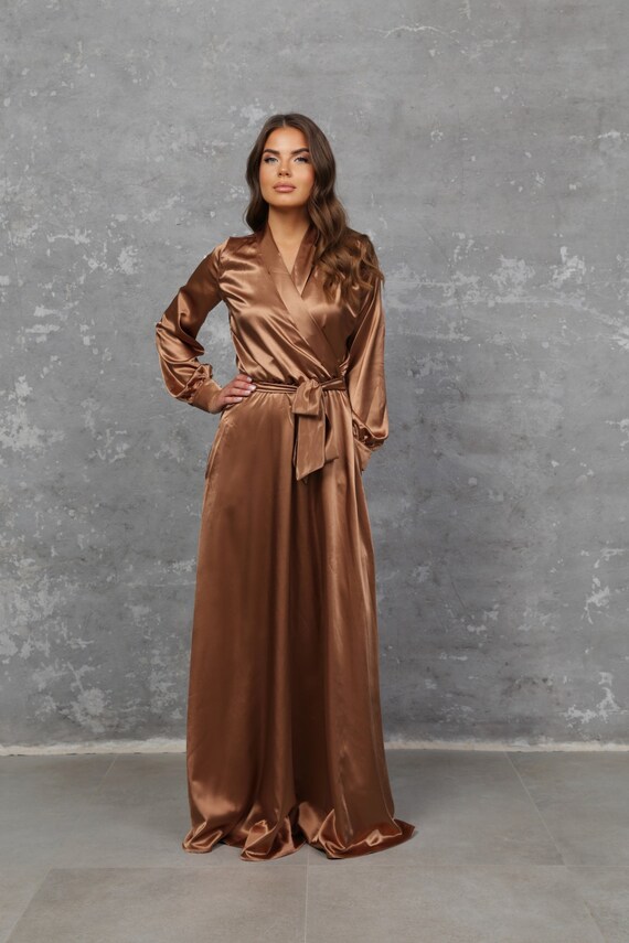 DesirVale Light Brown Satin Dress Shawl Lapel Long Cuff Loose Sleeves Satin A- Line Summer Dress Party Photo Shoot Silky Satin Dress