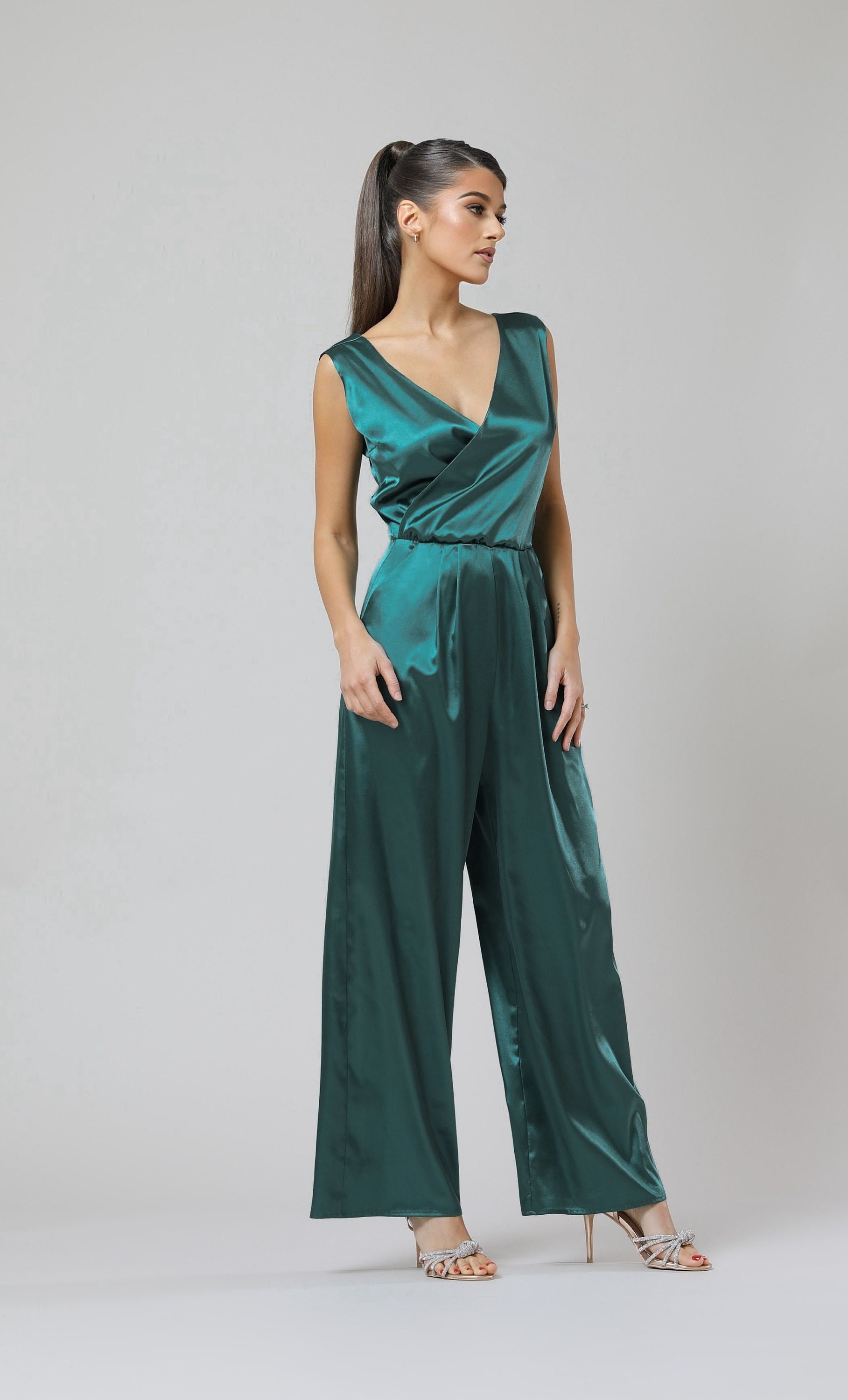 Dark Green Satin Jumpsuit Women Wide Leg Overalls Party Satin Jumpsuit  Summer - Etsy Ireland