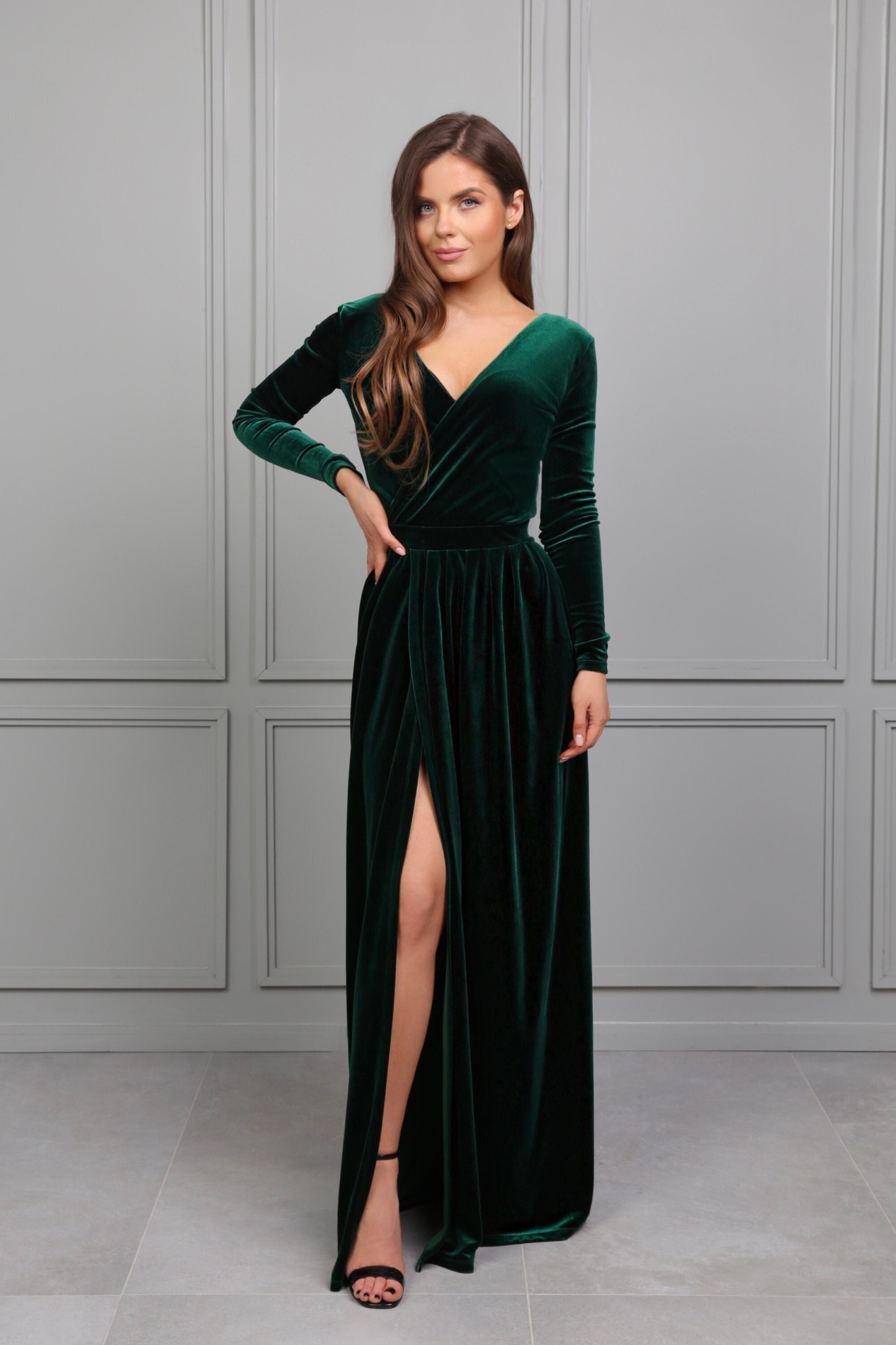 Emerald Green Dress Velvet Long Sleeve 