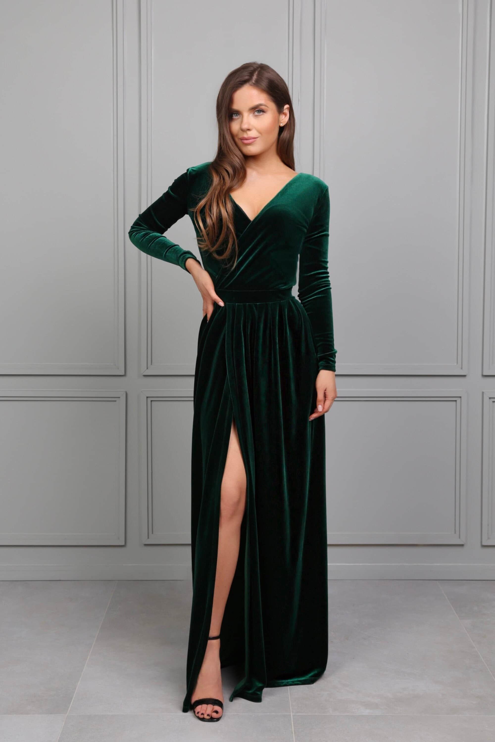 Emerald Green Dress Velvet Long Sleeve 