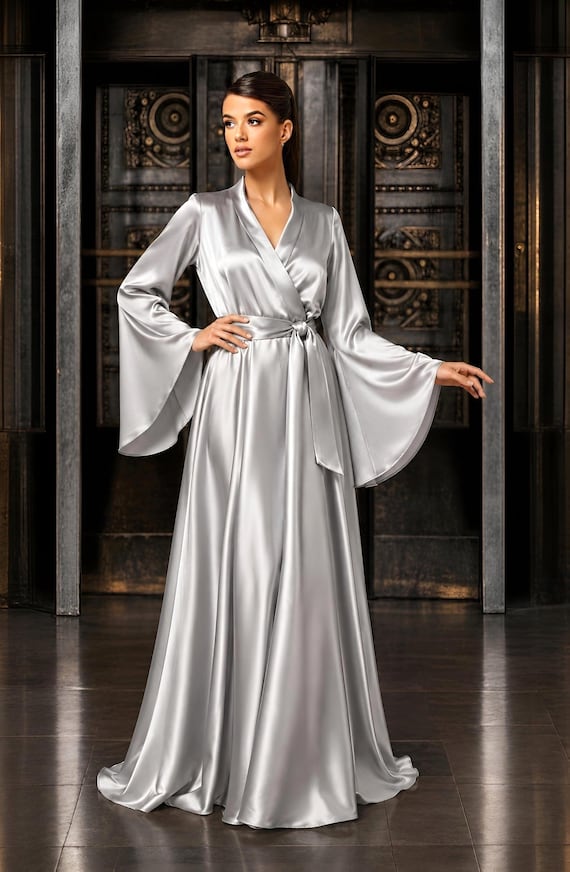a line satin maxi dress Silver Dress, Bell Sleeve A-line for Wedding, Formal Evening Gown feature_Quinceanera picc line dressing change Inner Shell Color:Light Ivory while the flowy A