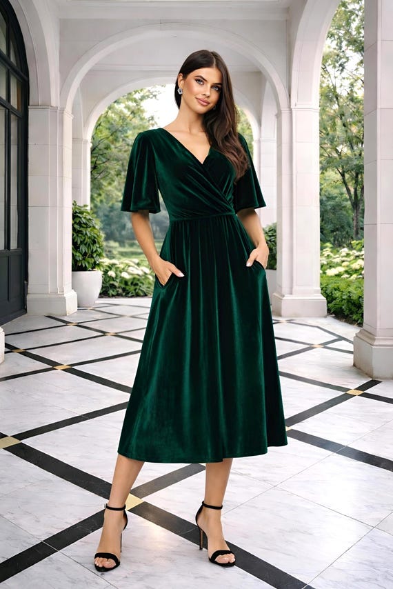green velvet tea dress V-neck Midi Dress, Flutter Sleeve Formal Dress, Elegant A-line Dress, Velvet Bridesmaid Dress, Emerald Velvet dress-hat