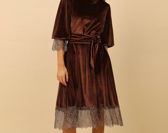 Size Small, Velvet midi tunic dress, brown loose dress with lace, ready to wear