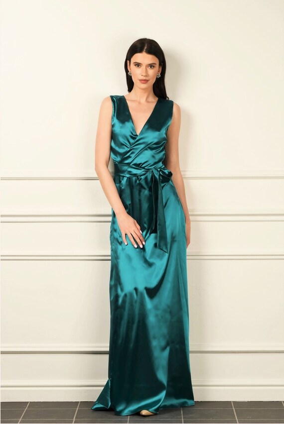 teal satin dress long