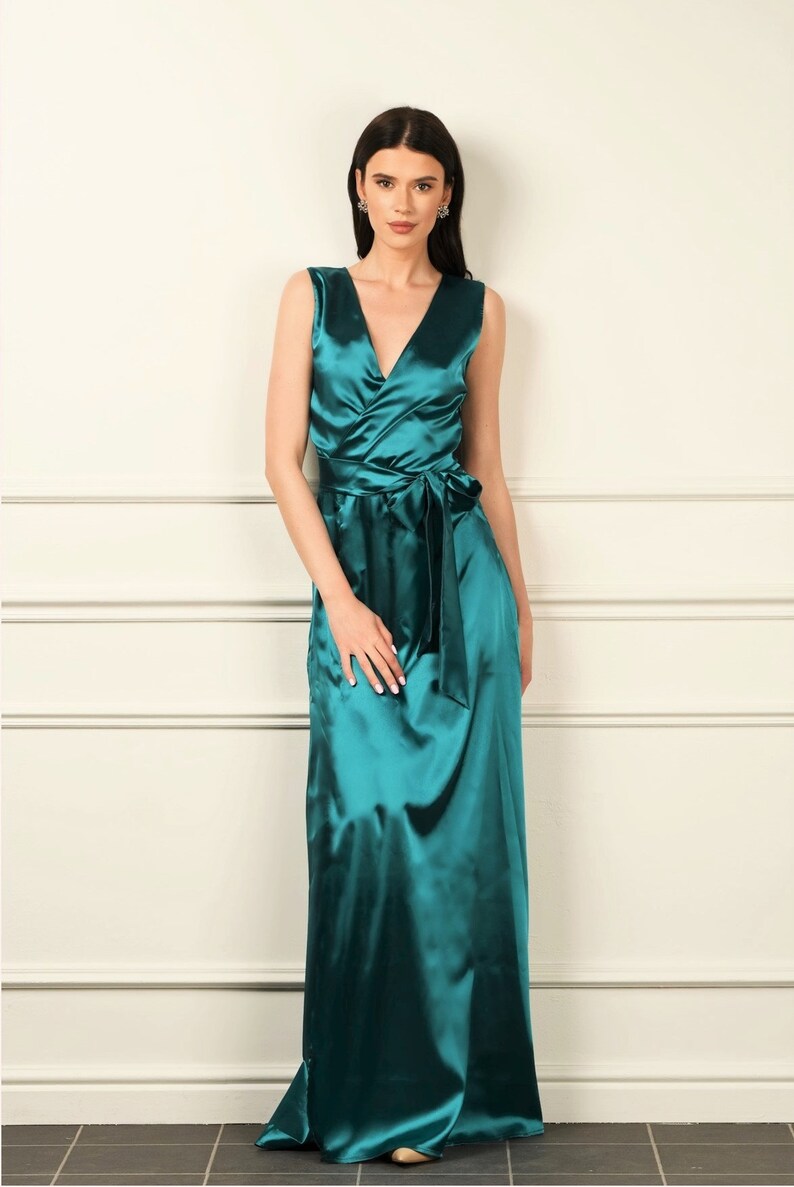 teal satin wrap dress