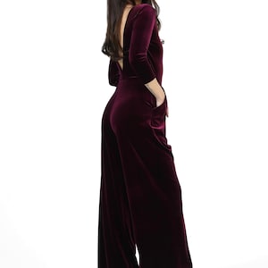 Backless velvet jumpsuit, wide leg elegant pantsuit, purple jumpsuit for holiday parties