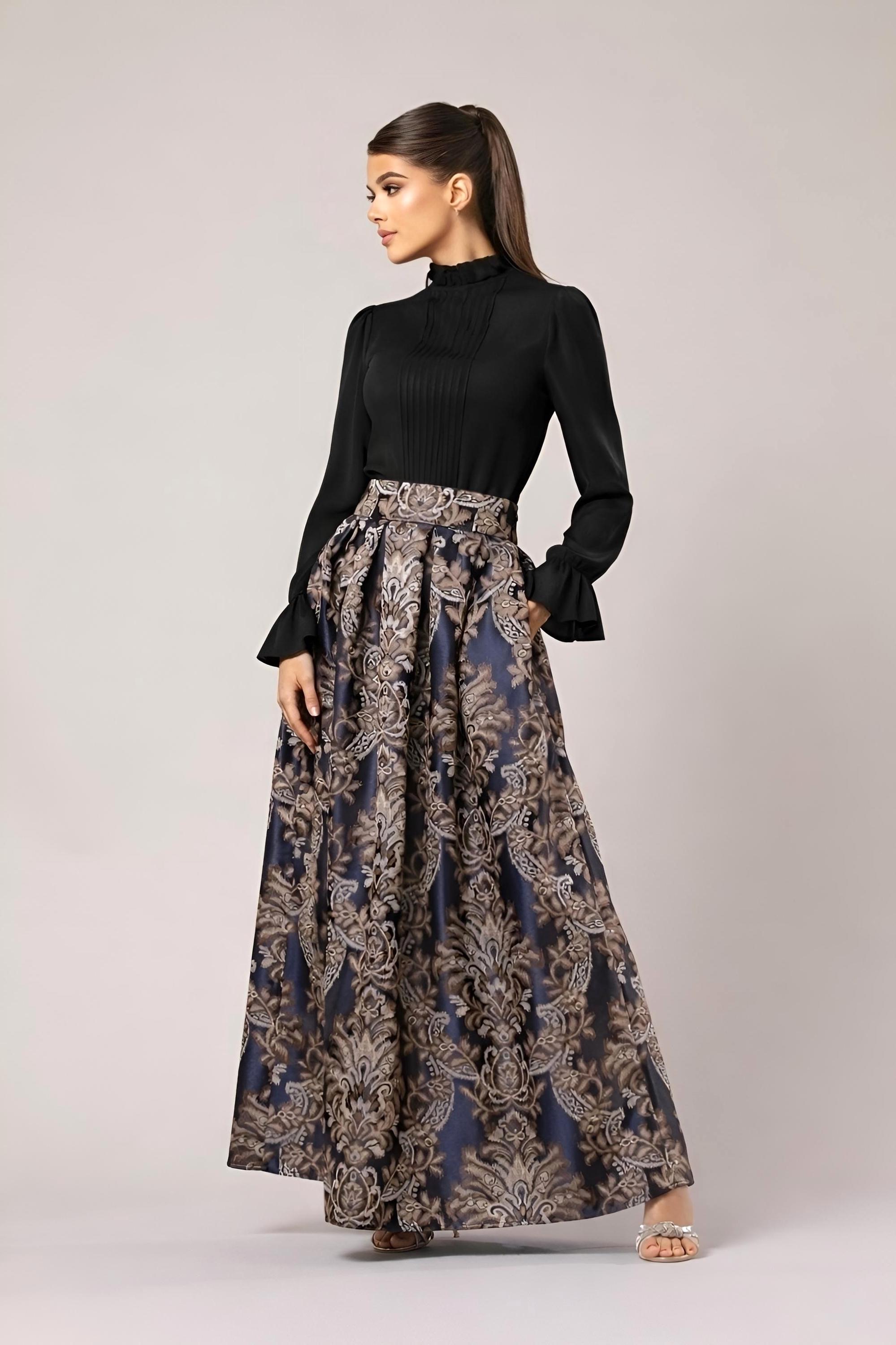 Jacquard Evening Skirt High Waist Blue Maxi Skirt, Elegant Cocktail Women Long With Pockets