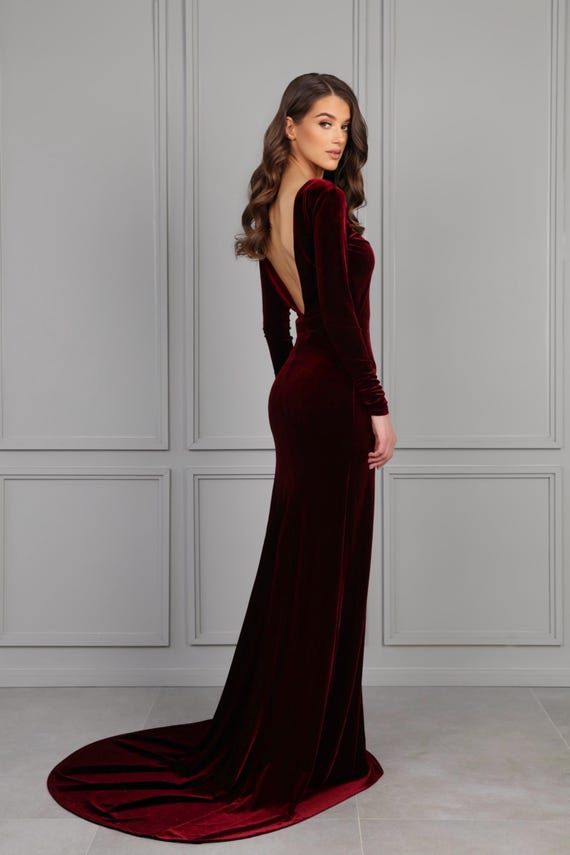 red dress couture backless Burgundy Evening Maxi Dress Charming V-Neck Backless Wedding Party Dress