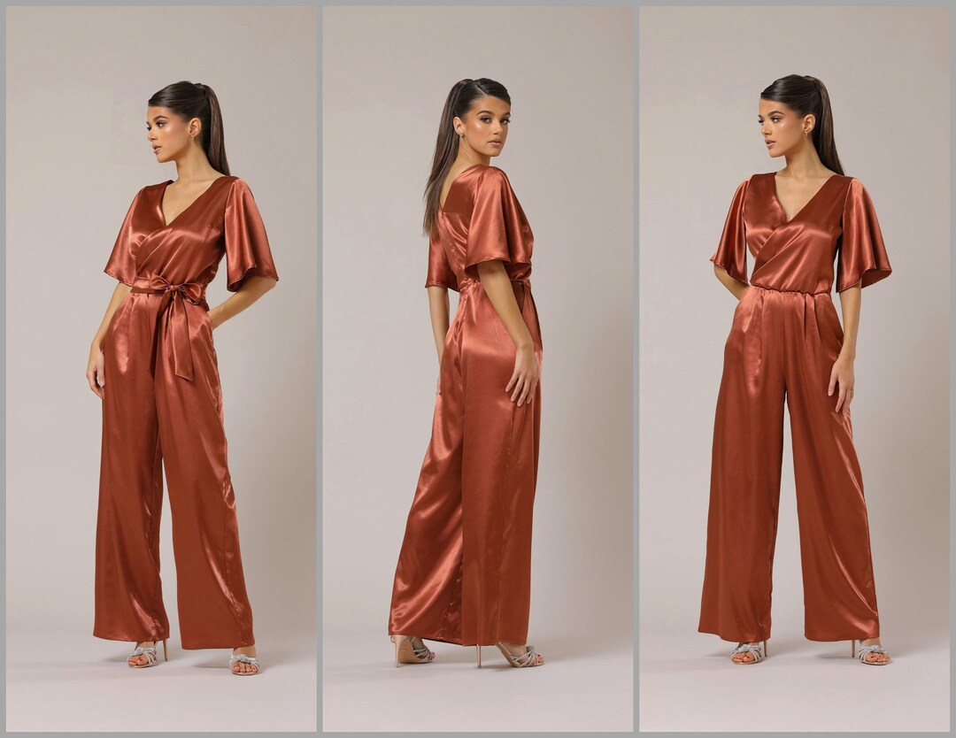 Satin Jumpsuit Copper Jumpsuit Bridesmaid Jumpsuit Summer Etsy