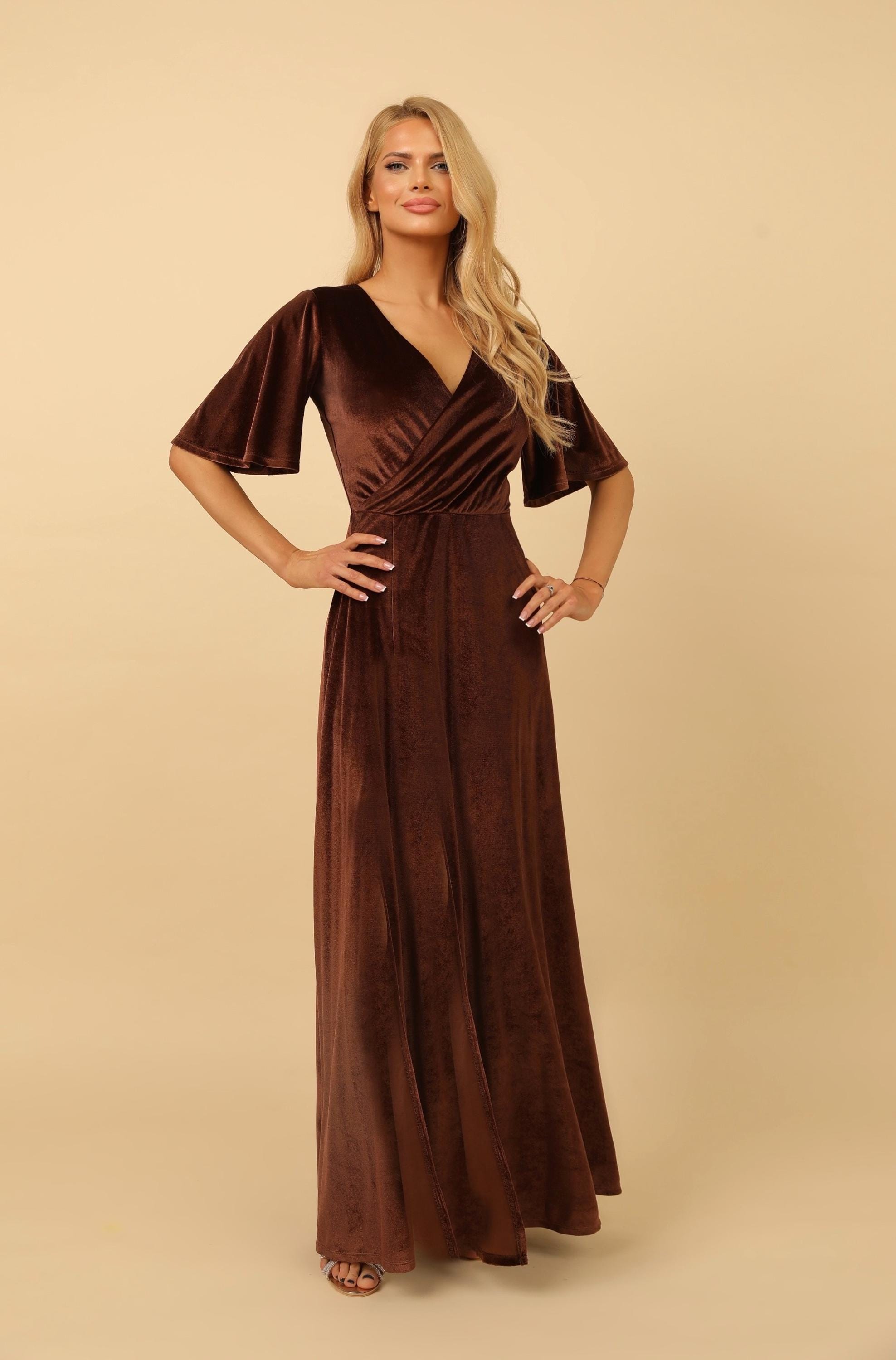 short sleeve velvet bridesmaid dresses Ellis Trendy Short Sleeves Slit Long Velvet Bridesmaid Dresses, Burnt Orange