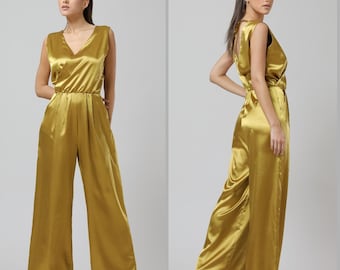 Mustard Gold Satin Jumpsuit, Backless Wide Leg Overalls