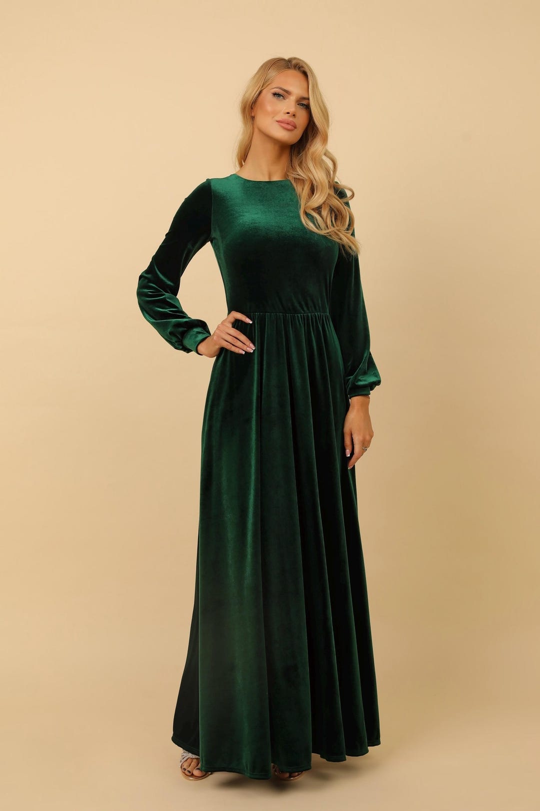 Teal green velvet long dress main image 1