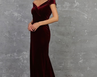 Burgundy Velvet Off Shoulder Dress with Long Train, Formal Evening Gown, Wedding Velvet Gala Dress