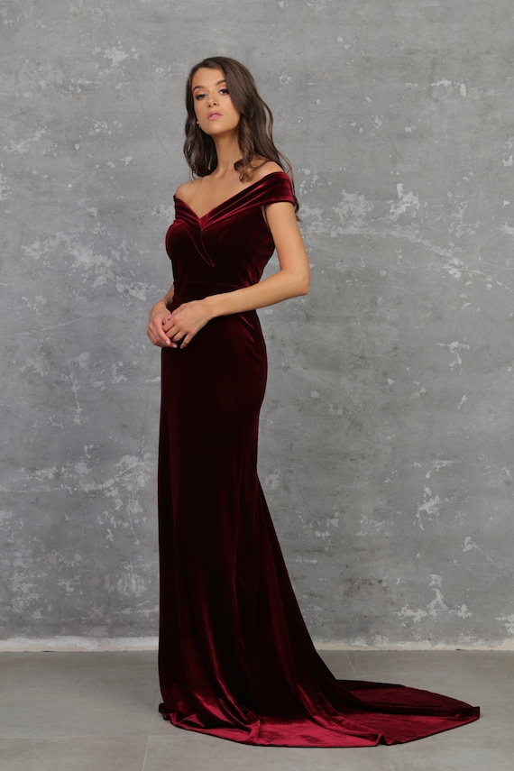 burgundy dress shirts for men Off-Shoulder Satin Gown with Ruched Bodice & Thigh-High Slit J880 main image 0