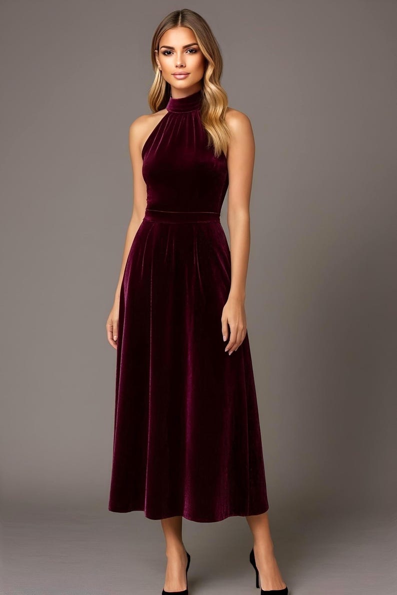 burgundy velvet halter midi dress with pockets, sleeveless design with halter neckline a line style
