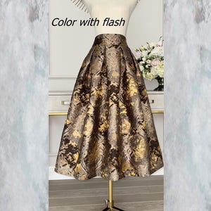Bronze- Brown Jacquard Skirt, Tea Length Skirt Women, Elegant Brocade Skirt With Pleats, Midi Skirt With Pockets. The skirt is like a dream in vintage gorgeous fabric- light brown background mix with pattern of Bronze- Gold colors.