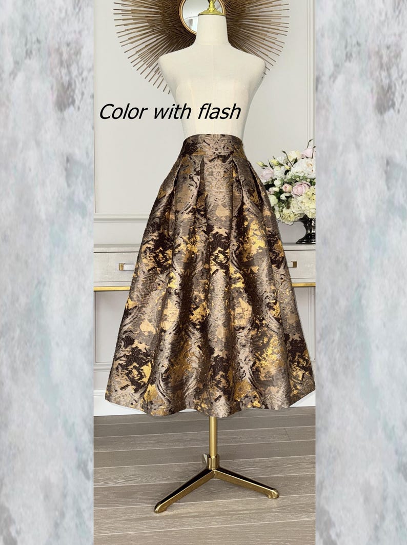 Bronze- Brown Jacquard Skirt, Tea Length Skirt Women, Elegant Brocade Skirt With Pleats, Midi Skirt With Pockets. The skirt is like a dream in vintage gorgeous fabric- light brown background mix with pattern of Bronze- Gold colors.