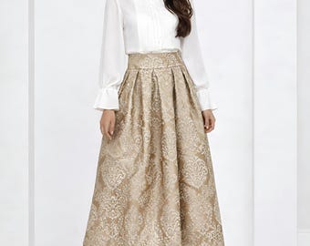 Jacquard Midi Skirt, Wedding Guest Skirt High Waist, Elegant Women Skirt, Evening Skirt with Pockets, Box Pleat Skirt