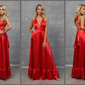 Satin red dress, bridesmaid satin dress, infinity dress, satin long dress, a line party dress, silky dress, lady in red, ruffled dress, summer wedding dress, convertible dress, maternity dress, cocktail dress, elegant long gown, women satin dress