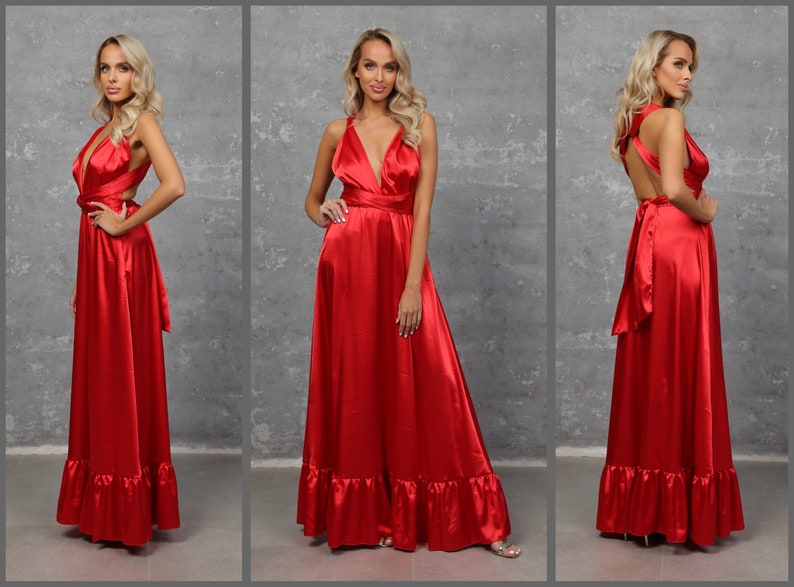 Satin red dress, bridesmaid satin dress, infinity dress, satin long dress, a line party dress, silky dress, lady in red, ruffled dress, summer wedding dress, convertible dress, maternity dress, cocktail dress, elegant long gown, women satin dress