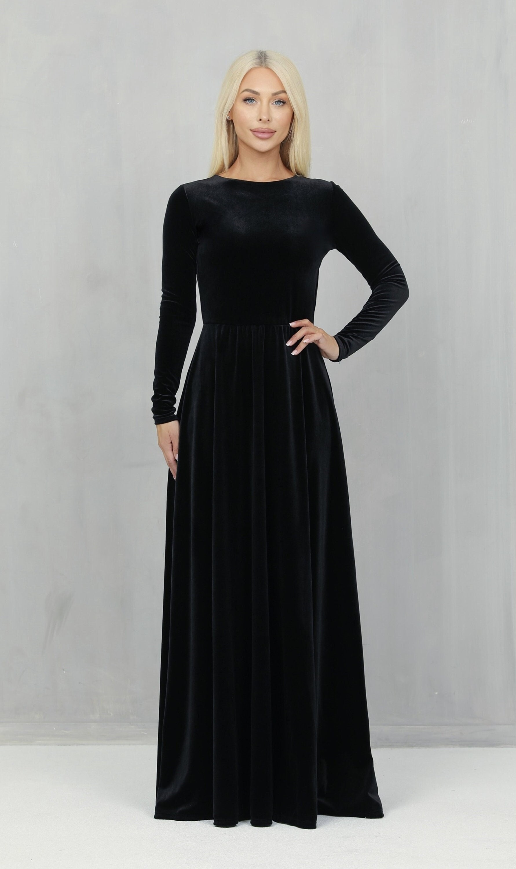 Elegant Black Velvet Dress, Long Sleeve A-Line Formal Gown Elegant Black Velvet Dress, Long Sleeve A-Line Formal Gown