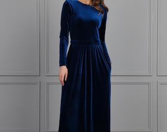 Teal Blue Velvet Dress, Long Sleeve Evening Gown, Velvet Bridesmaid Dress Maid of Honor