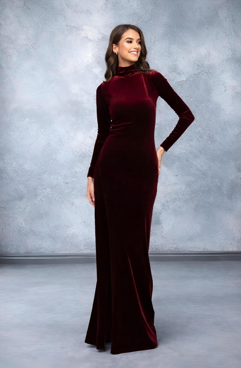 Bridesmaid Velvet Maxi Dress, Elegant Dress High Neck, Long Sleeve Burgundy Dress, Formal Women Dress