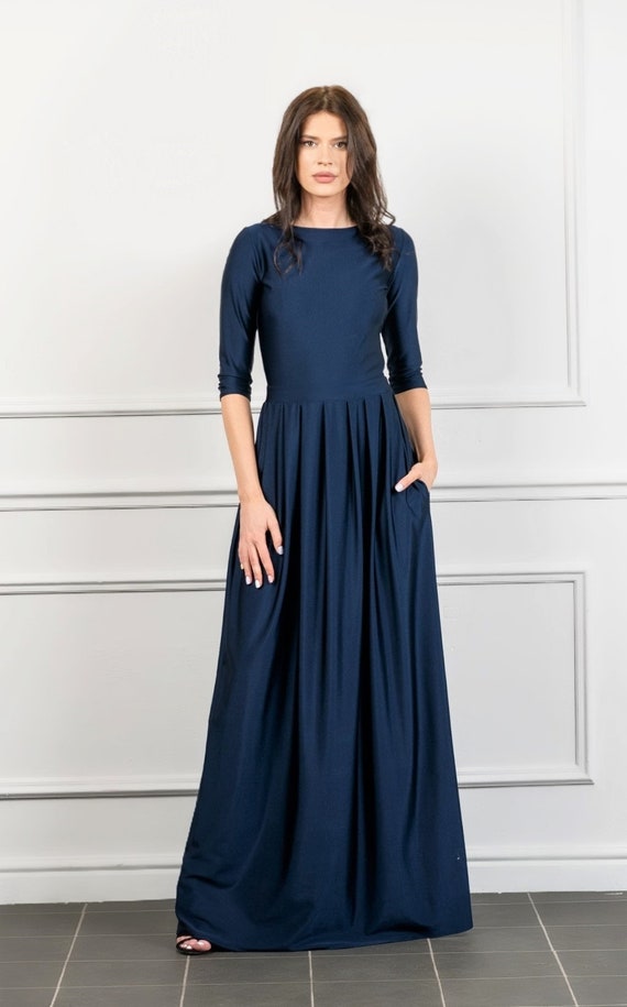Navy Blue Maxi Dress/ Half Sleeves Dress With Pockets Sash | Etsy