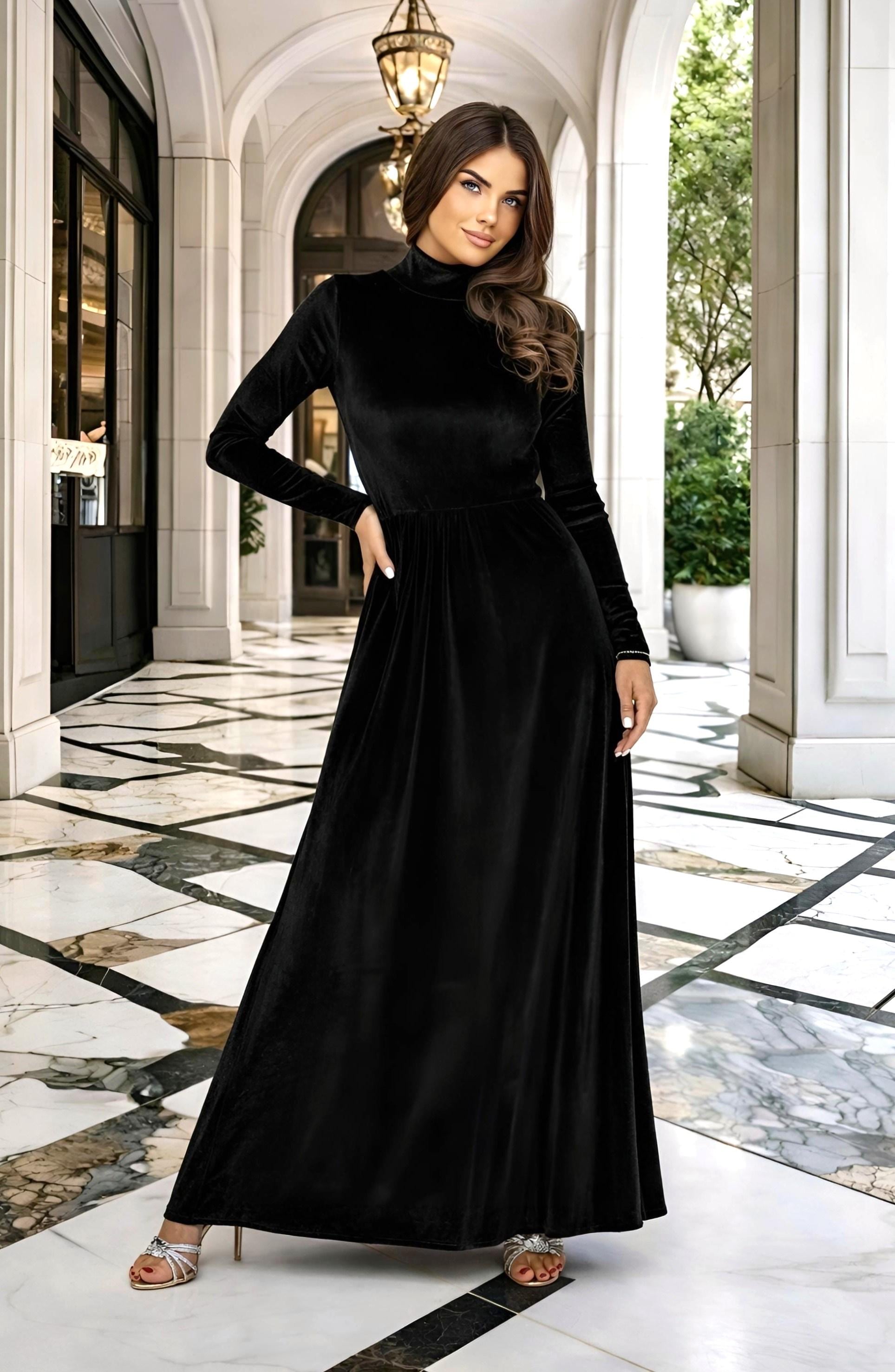 Black wedding guest velvet dress