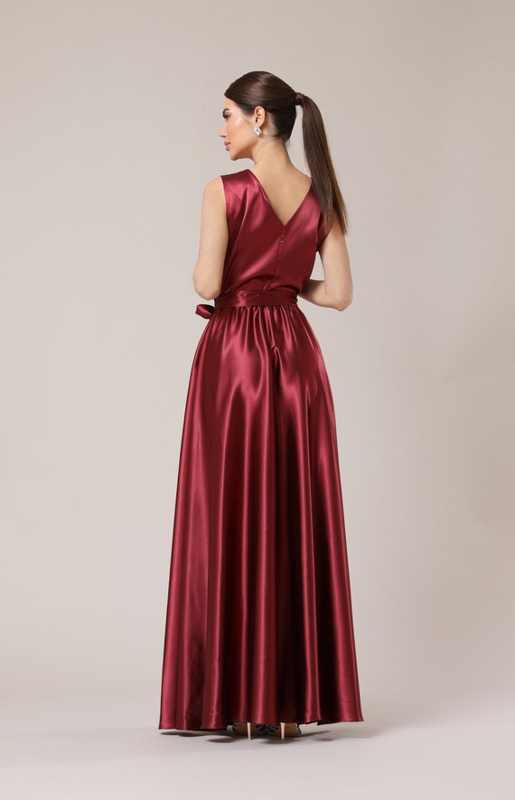 Burgundy Satin Maxi Dress, V-neck Sleeveless Gown - Etsy